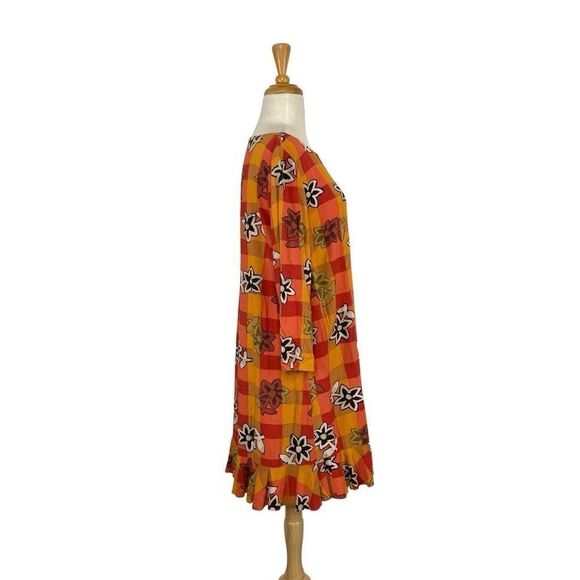Handmade S Orange Floral Plaid Dress Midi Drop Waist 20s Cottagecore African - Picture 3 of 6